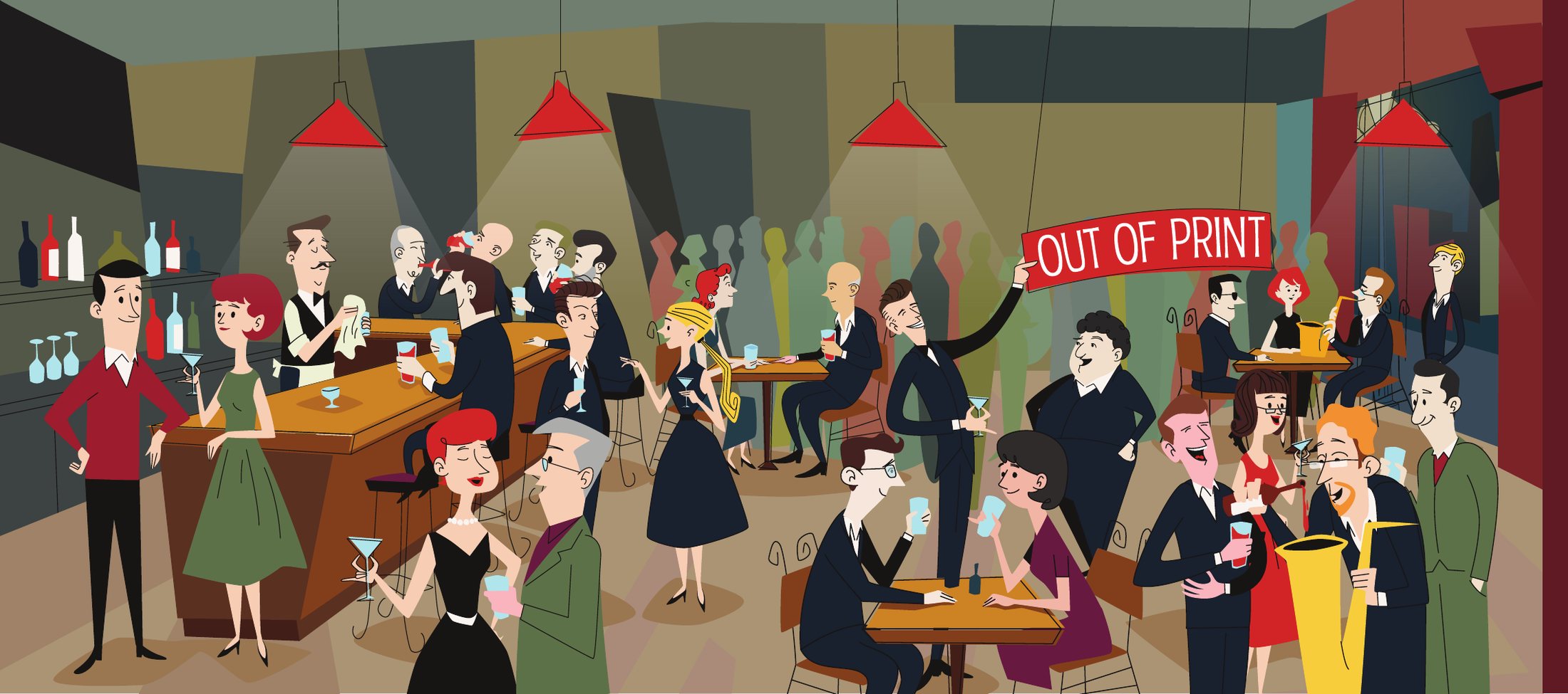 The illustrated after-party: a packed mid-century bar full of the band and their audience