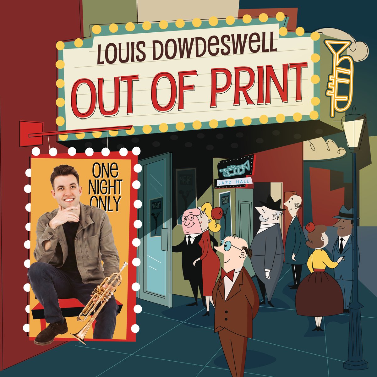 Out of Print album cover: an illustrated mid-century theatre marquee