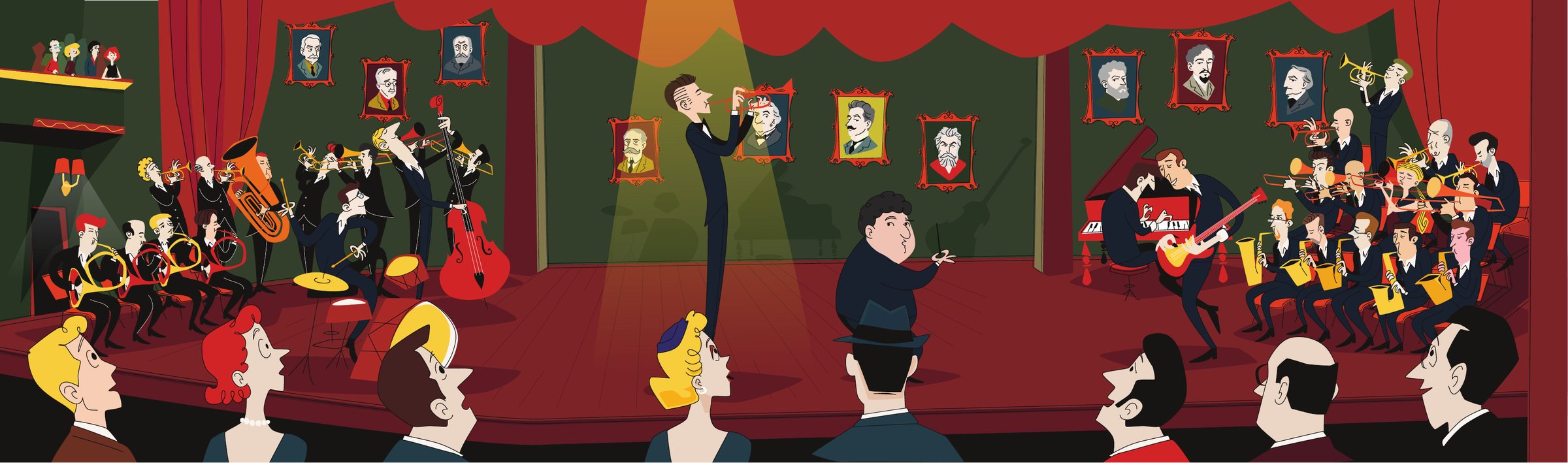 The full inside spread: the whole band performing on stage beneath the composers' portraits